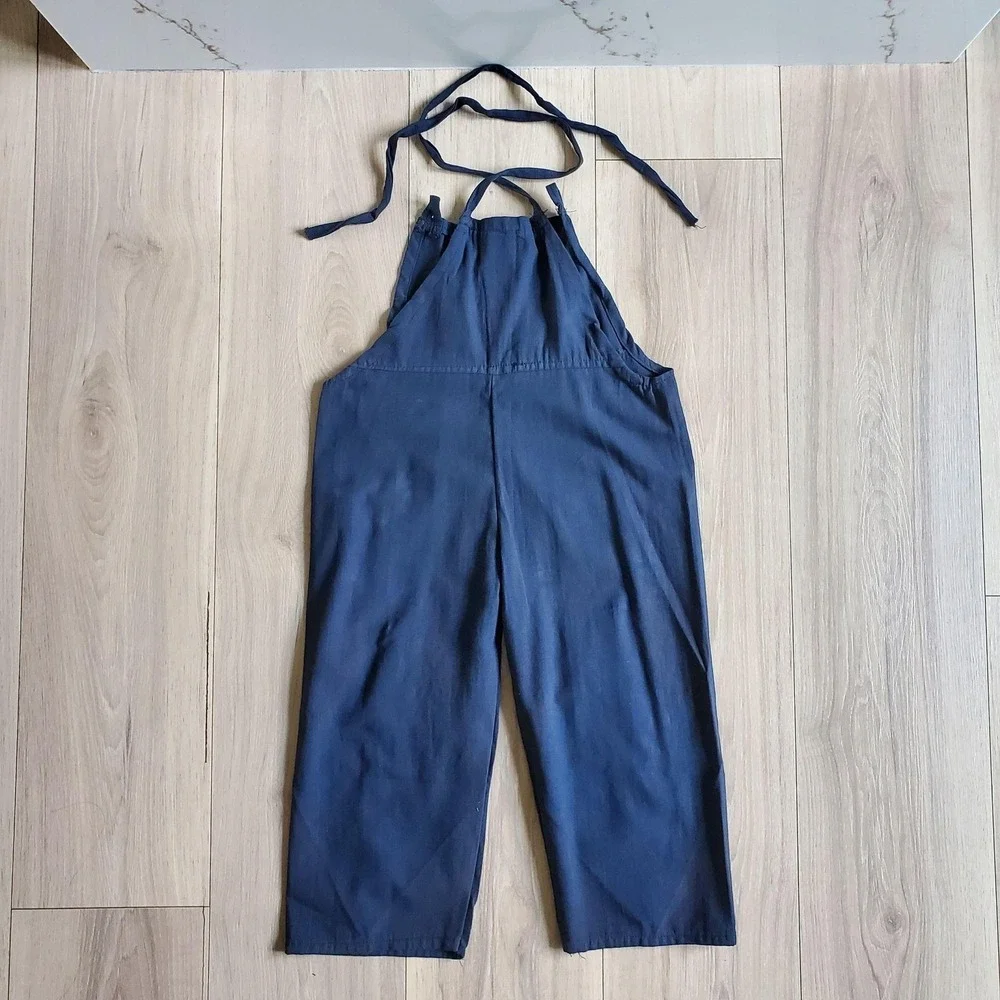 Mexico Artesanal Overalls Girls 6 Blue Floral Embroidered Halter Tie One Piece